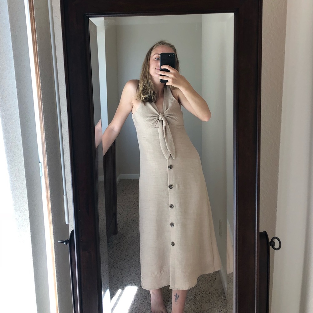 Light Tan midi dress with cutout on chest w/ tie